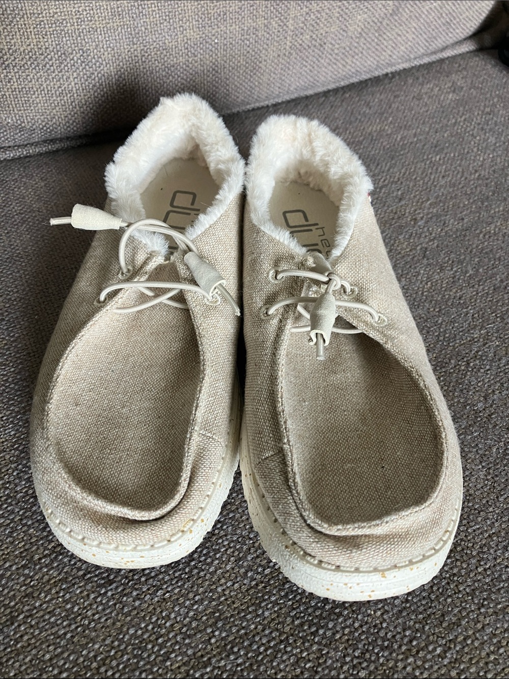 Hey Dude Wendy Funk Wool Beige  Women's Cream Canvas Faux-Fur Lined Slip-Ons